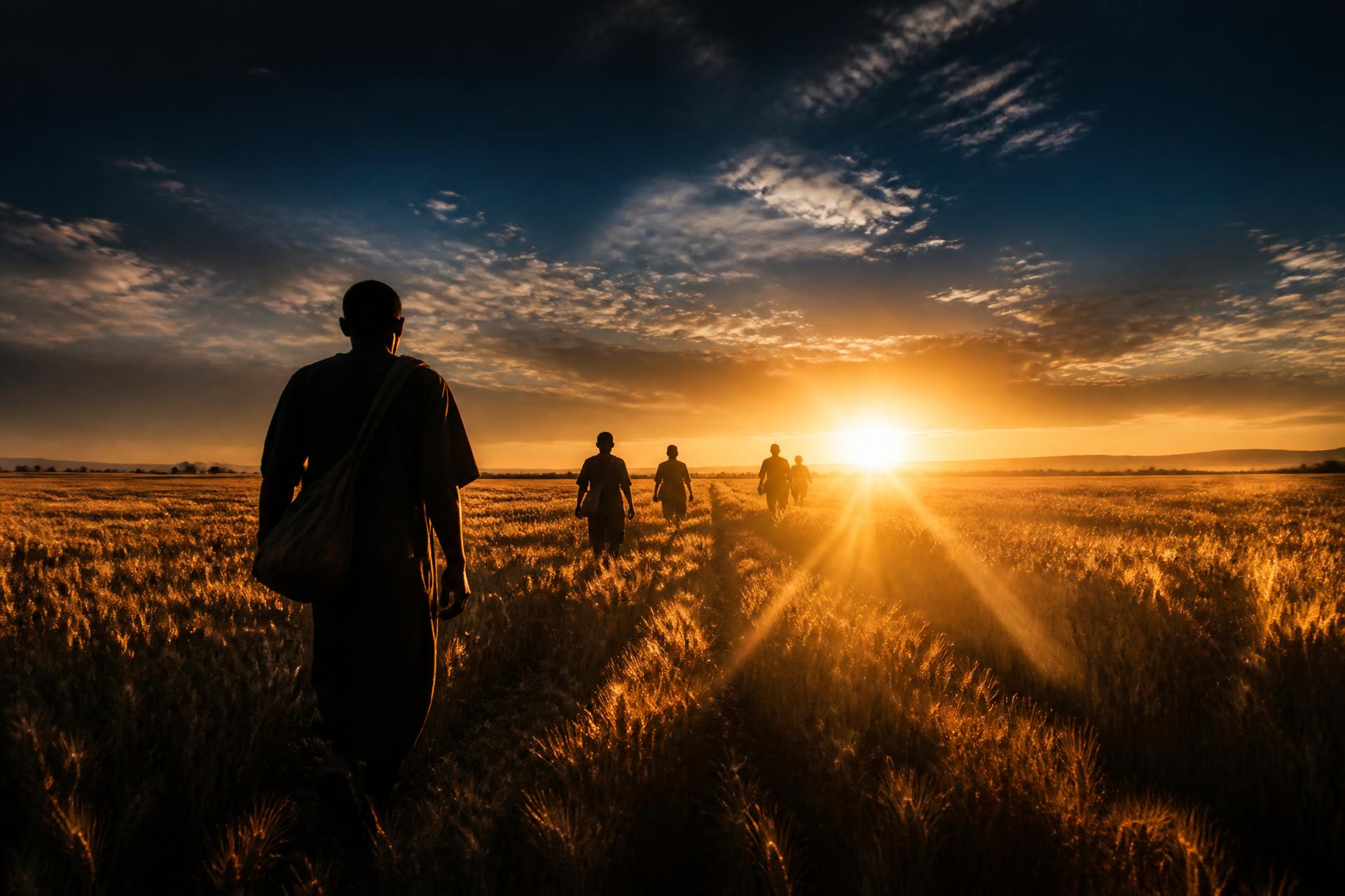 Workers walking into a golden harvest field at sunrise
